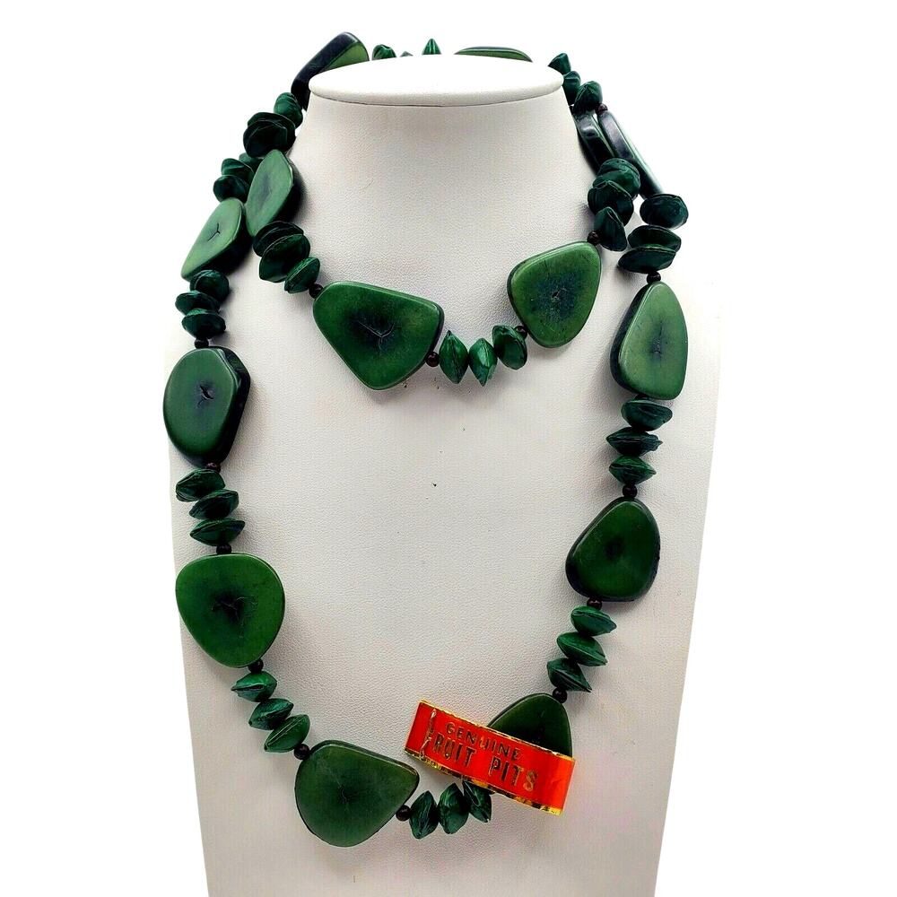 Green Tagua Nut Necklace Wood Slab Bead Chunky Long Boho Statement Natural 1960s